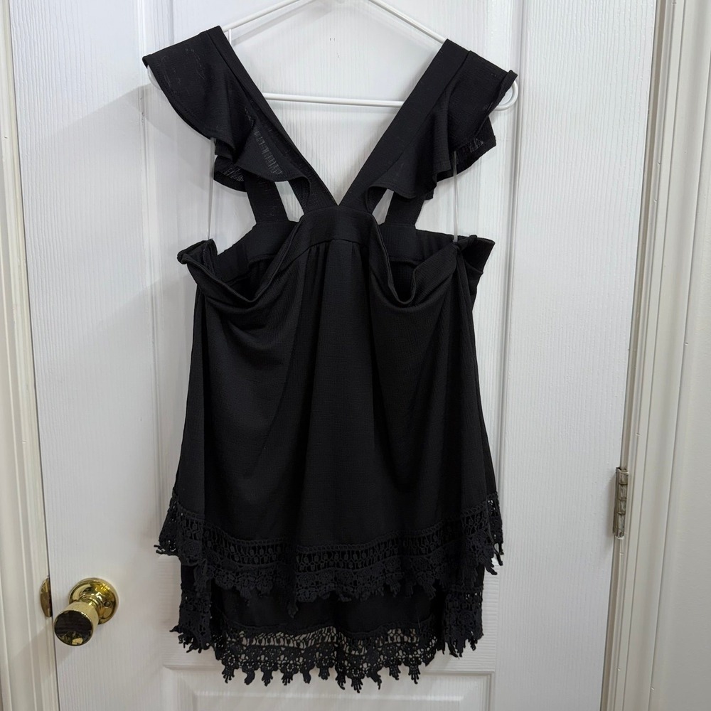 Kate & Mallory black tiered crocheted ruffle strap layered tank top blouse XL